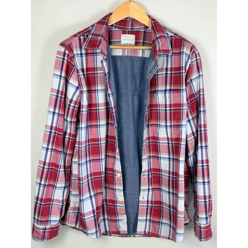American Eagle Outfitters Men’s Red White Plaid Button-Down Shirt